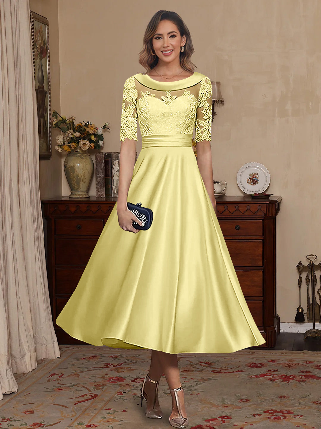A Line Princess Scoop Satin Mother Of The Bride Dresses Lace Half Sleeves Tea Length