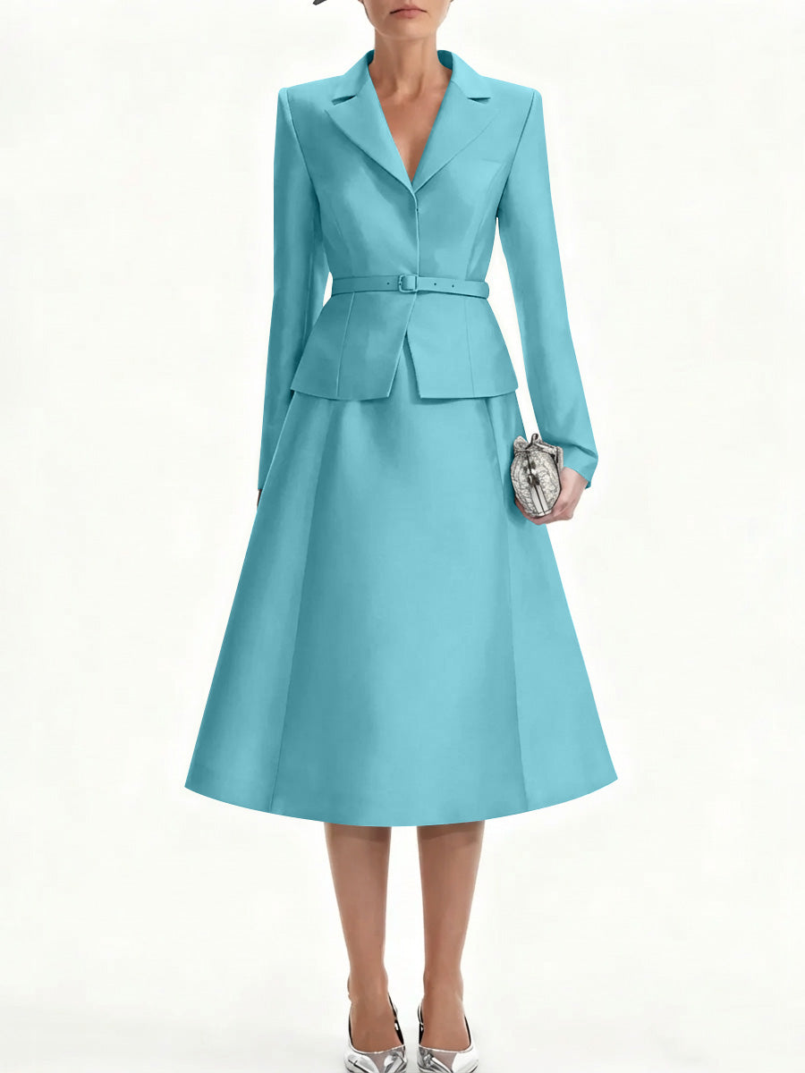 A Line Princess V Neck Mother Of Bride Dresss Blazer Long Sleeves Tea Length Belt Satin
