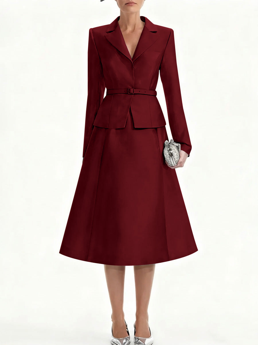 A Line Princess V Neck Mother Of Bride Dresss Blazer Long Sleeves Tea Length Belt Satin