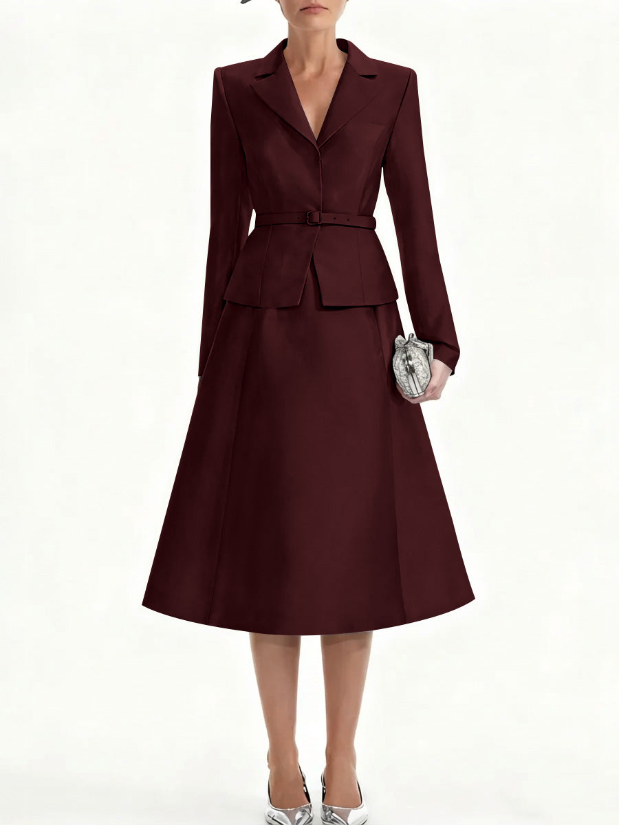 A Line Princess V Neck Mother Of Bride Dresss Blazer Long Sleeves Tea Length Belt Satin
