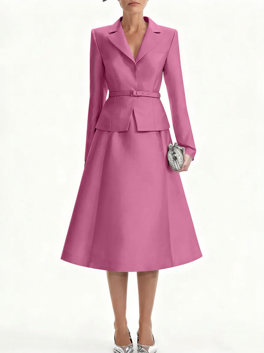 A Line Princess V Neck Mother Of Bride Dresss Blazer Long Sleeves Tea Length Belt Satin