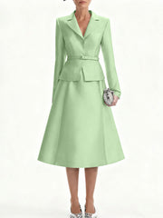 A Line Princess V Neck Mother Of Bride Dresss Blazer Long Sleeves Tea Length Belt Satin