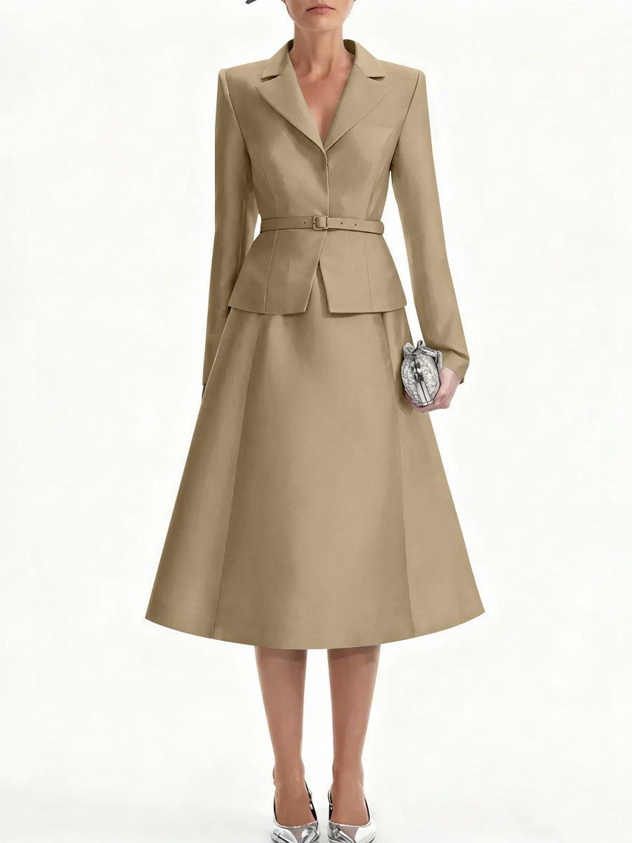 A Line Princess V Neck Mother Of Bride Dresss Blazer Long Sleeves Tea Length Belt Satin