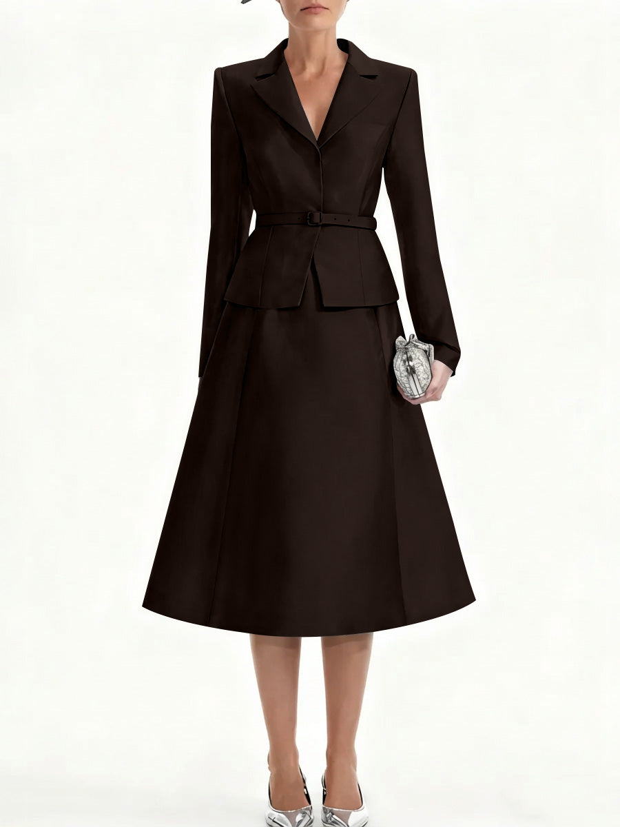 A Line Princess V Neck Mother Of Bride Dresss Blazer Long Sleeves Tea Length Belt Satin