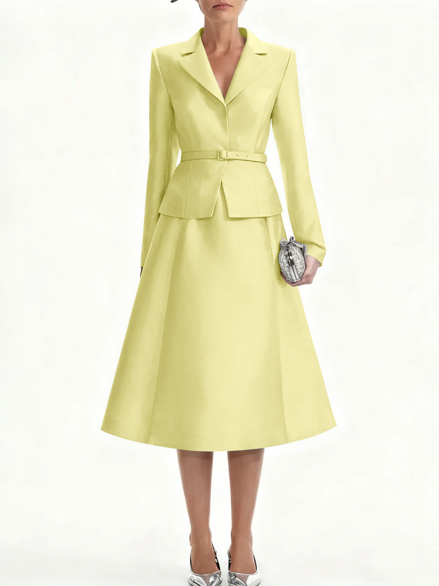 A Line Princess V Neck Mother Of Bride Dresss Blazer Long Sleeves Tea Length Belt Satin