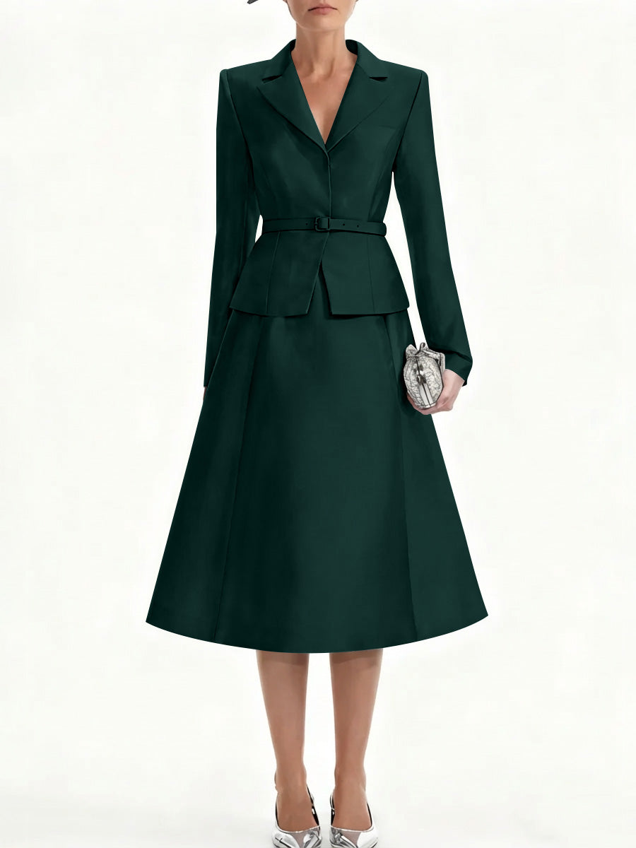 A Line Princess V Neck Mother Of Bride Dresss Blazer Long Sleeves Tea Length Belt Satin