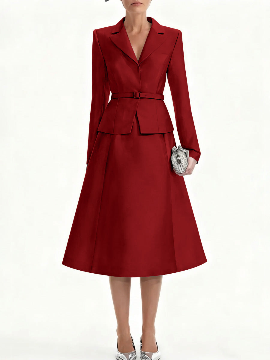 A Line Princess V Neck Mother Of Bride Dresss Blazer Long Sleeves Tea Length Belt Satin