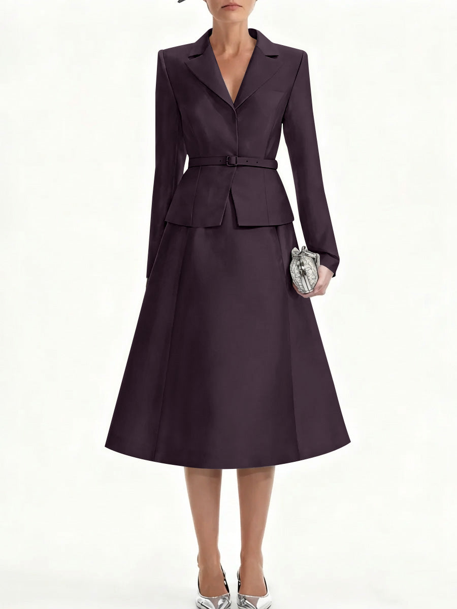 A Line Princess V Neck Mother Of Bride Dresss Blazer Long Sleeves Tea Length Belt Satin