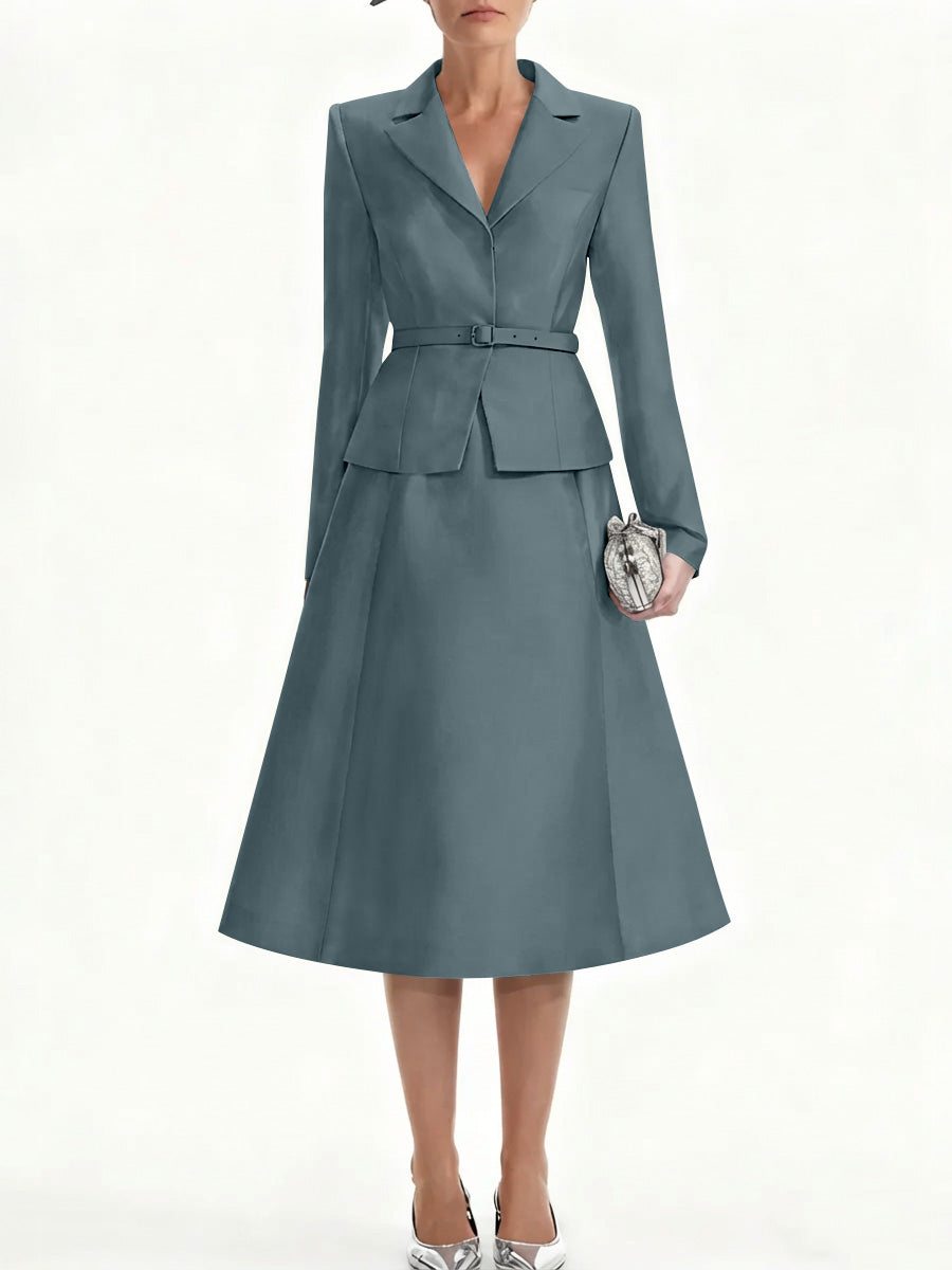 A Line Princess V Neck Mother Of Bride Dresss Blazer Long Sleeves Tea Length Belt Satin