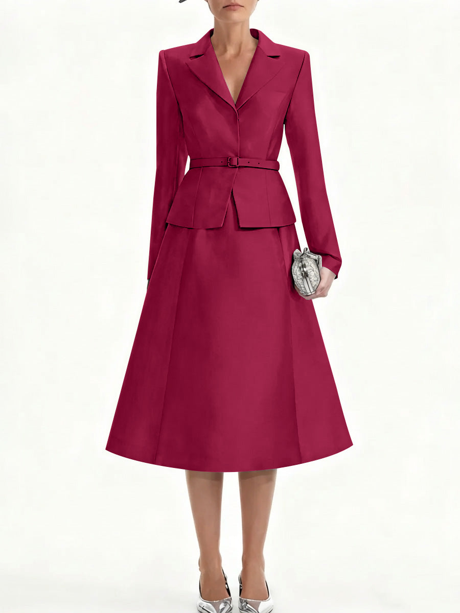 A Line Princess V Neck Mother Of Bride Dresss Blazer Long Sleeves Tea Length Belt Satin