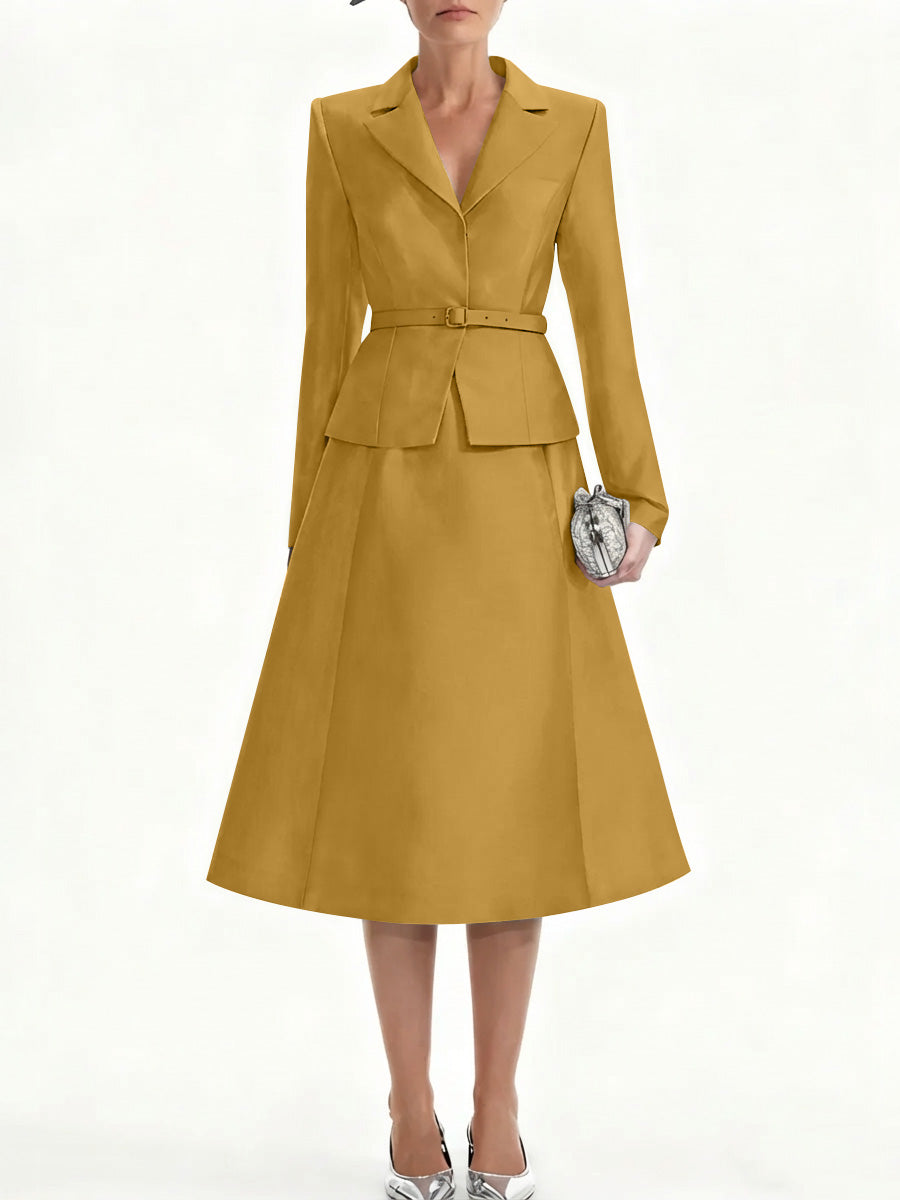A Line Princess V Neck Mother Of Bride Dresss Blazer Long Sleeves Tea Length Belt Satin