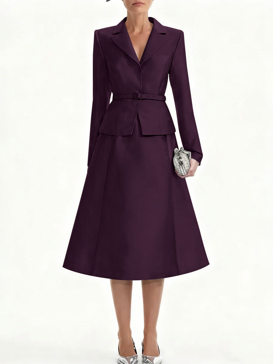 A Line Princess V Neck Mother Of Bride Dresss Blazer Long Sleeves Tea Length Belt Satin