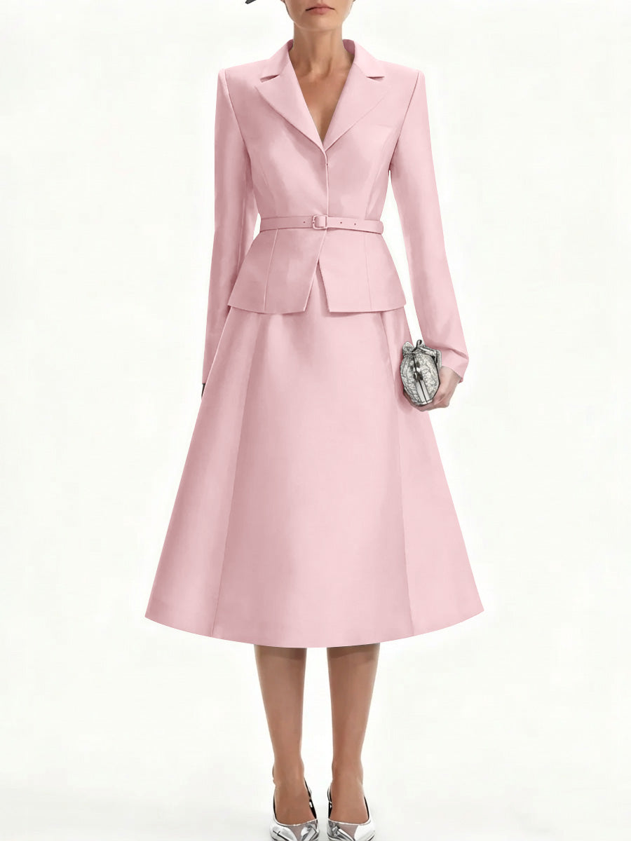 A Line Princess V Neck Mother Of Bride Dresss Blazer Long Sleeves Tea Length Belt Satin
