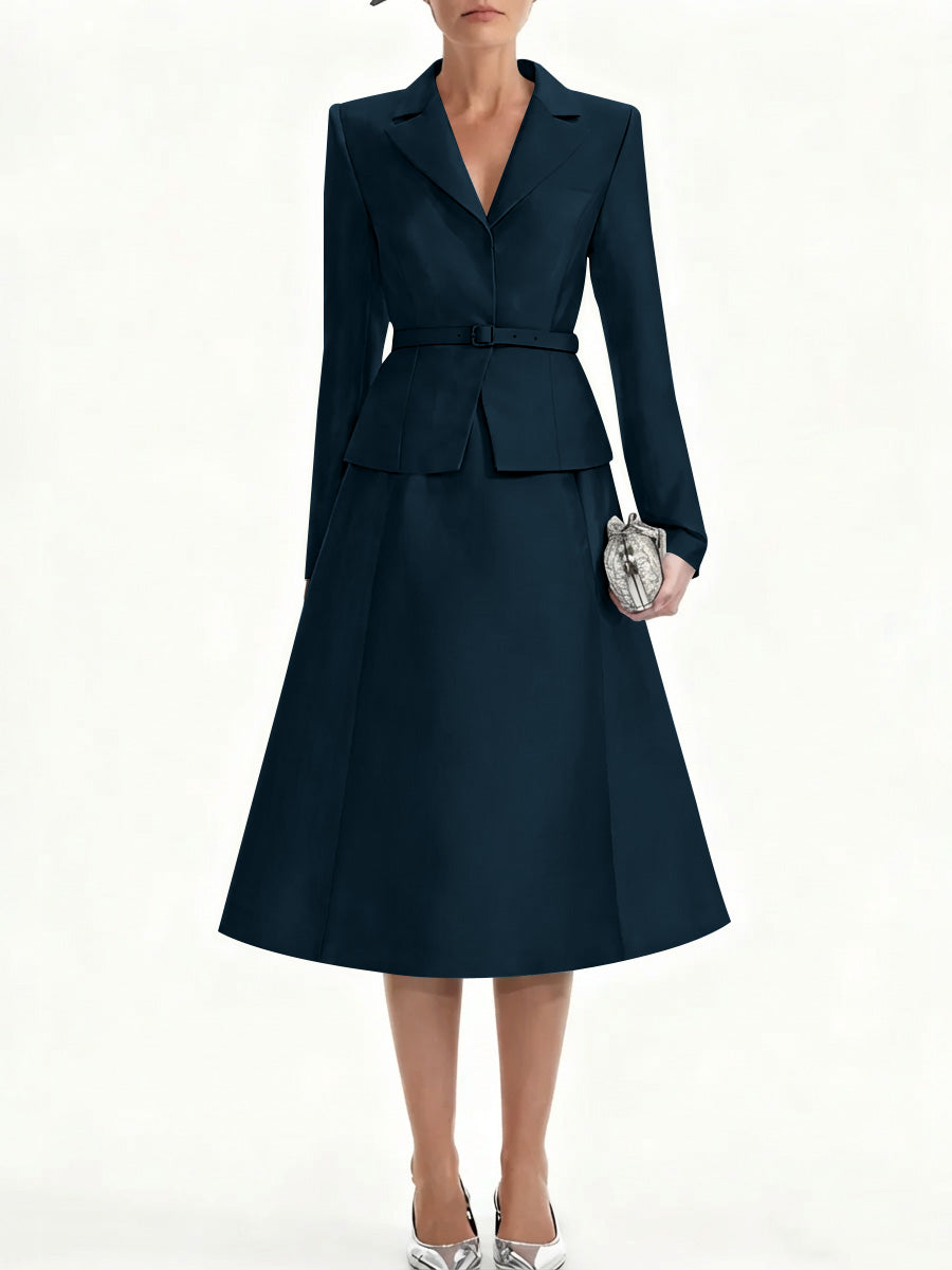 A Line Princess V Neck Mother Of Bride Dresss Blazer Long Sleeves Tea Length Belt Satin
