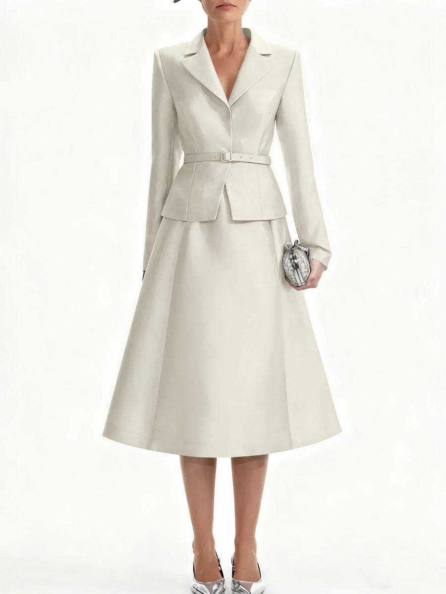 A Line Princess V Neck Mother Of Bride Dresss Blazer Long Sleeves Tea Length Belt Satin