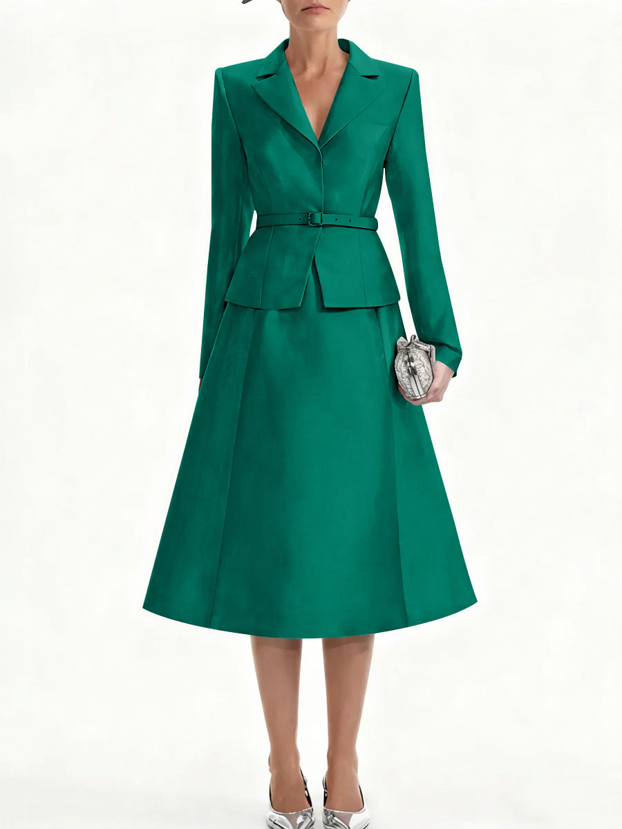 A Line Princess V Neck Mother Of Bride Dresss Blazer Long Sleeves Tea Length Belt Satin