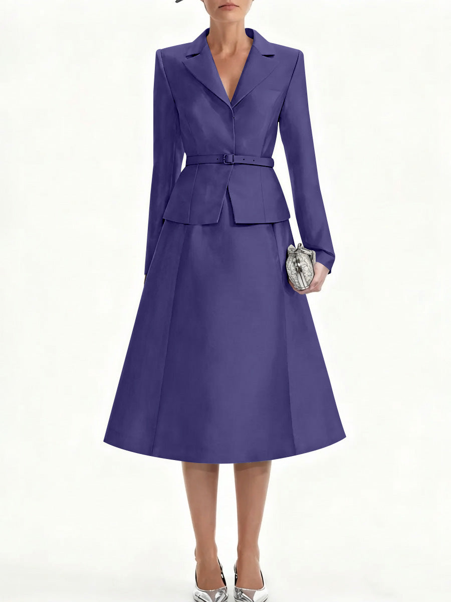A Line Princess V Neck Mother Of Bride Dresss Blazer Long Sleeves Tea Length Belt Satin