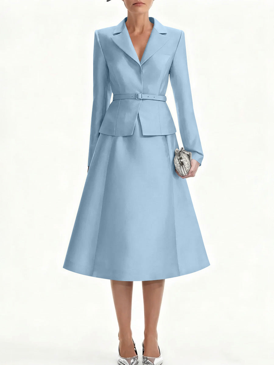 A Line Princess V Neck Mother Of Bride Dresss Blazer Long Sleeves Tea Length Belt Satin