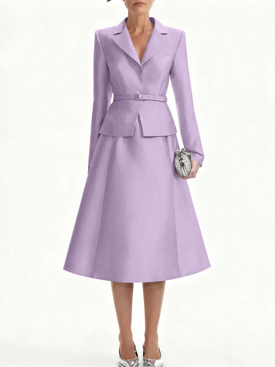 A Line Princess V Neck Mother Of Bride Dresss Blazer Long Sleeves Tea Length Belt Satin