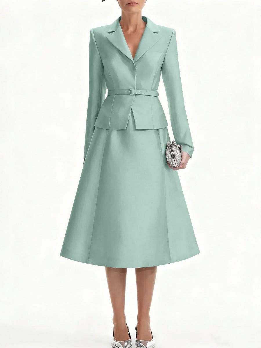 A Line Princess V Neck Mother Of Bride Dresss Blazer Long Sleeves Tea Length Belt Satin