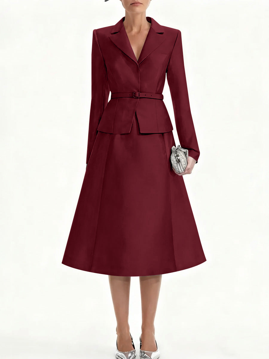 A Line Princess V Neck Mother Of Bride Dresss Blazer Long Sleeves Tea Length Belt Satin