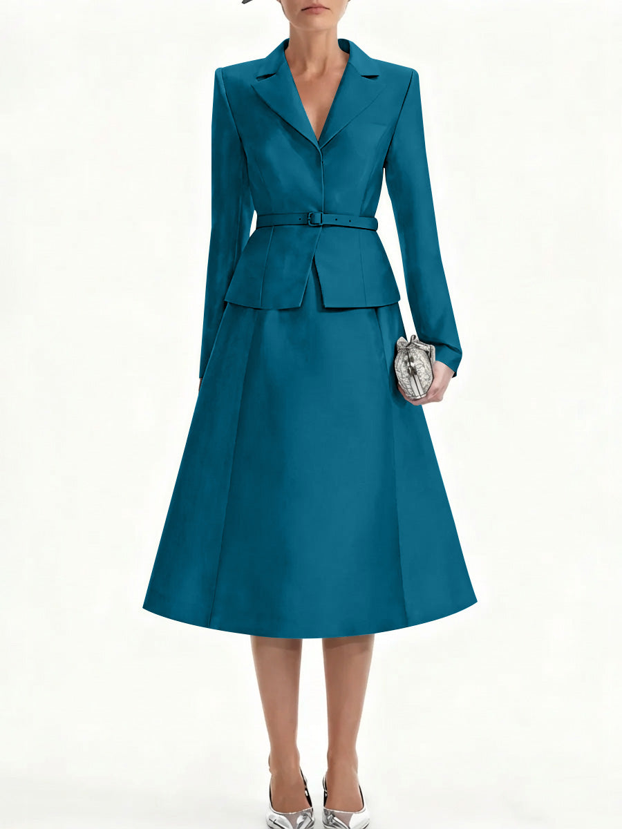 A Line Princess V Neck Mother Of Bride Dresss Blazer Long Sleeves Tea Length Belt Satin