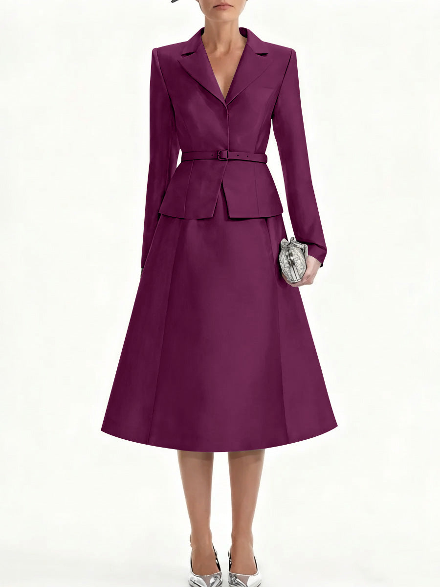 A Line Princess V Neck Mother Of Bride Dresss Blazer Long Sleeves Tea Length Belt Satin