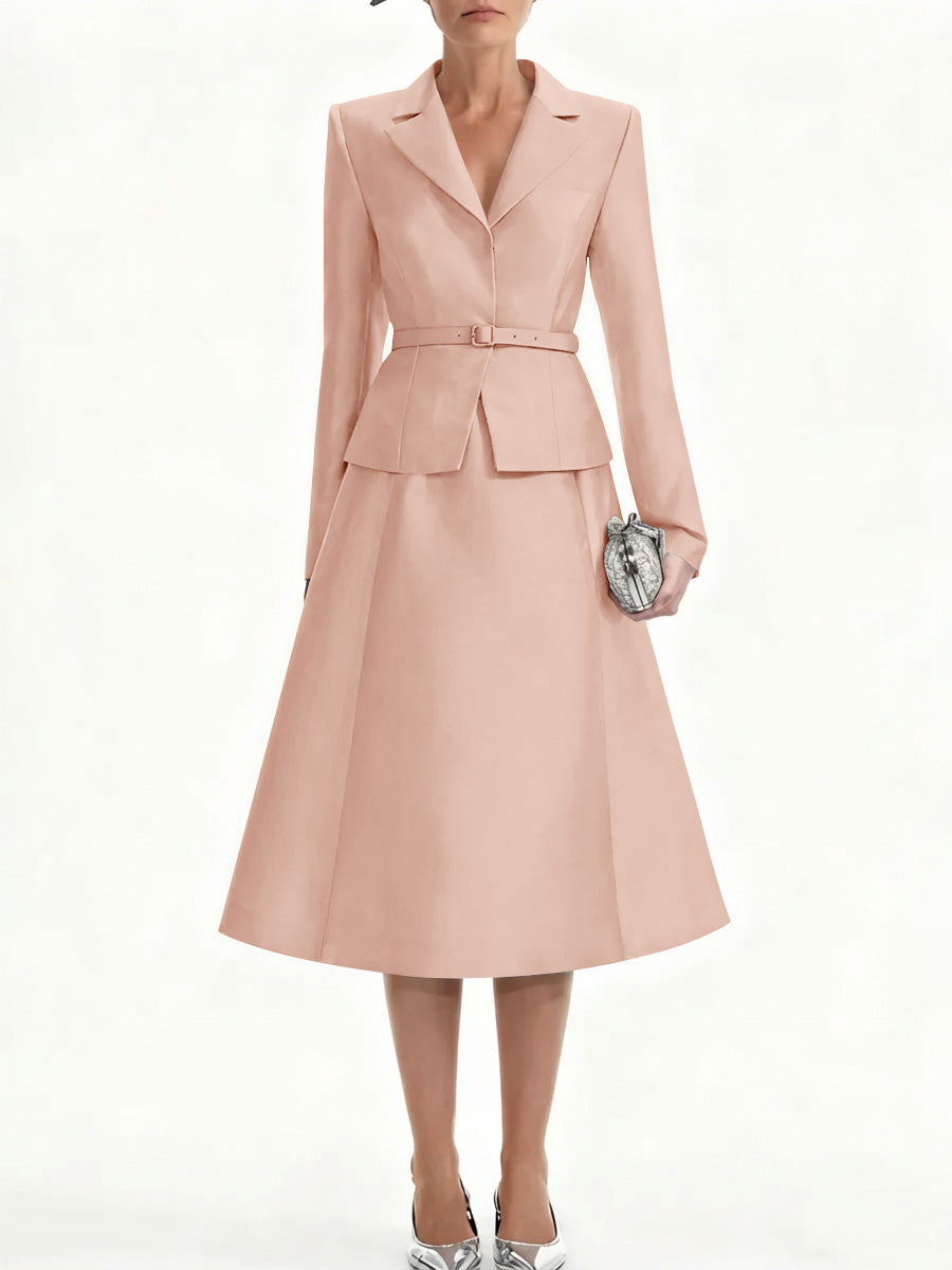 A Line Princess V Neck Mother Of Bride Dresss Blazer Long Sleeves Tea Length Belt Satin