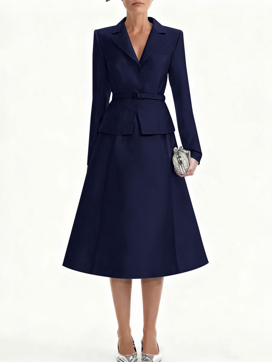 A Line Princess V Neck Mother Of Bride Dresss Blazer Long Sleeves Tea Length Belt Satin