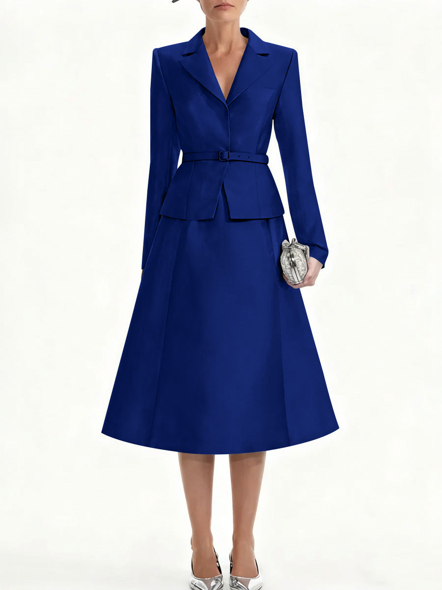 A Line Princess V Neck Mother Of Bride Dresss Blazer Long Sleeves Tea Length Belt Satin