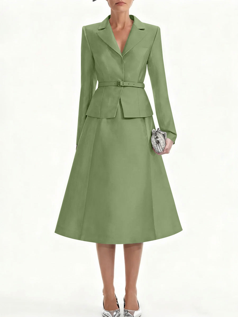 A Line Princess V Neck Mother Of Bride Dresss Blazer Long Sleeves Tea Length Belt Satin