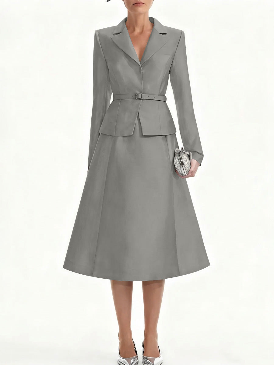 A Line Princess V Neck Mother Of Bride Dresss Blazer Long Sleeves Tea Length Belt Satin