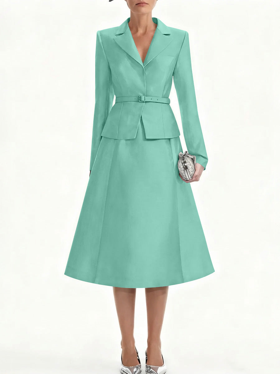 A Line Princess V Neck Mother Of Bride Dresss Blazer Long Sleeves Tea Length Belt Satin