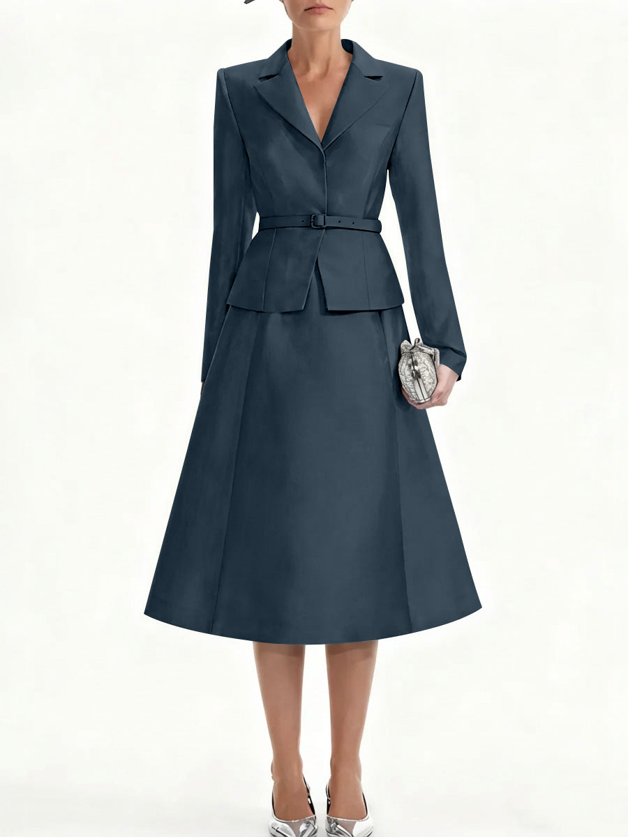 A Line Princess V Neck Mother Of Bride Dresss Blazer Long Sleeves Tea Length Belt Satin