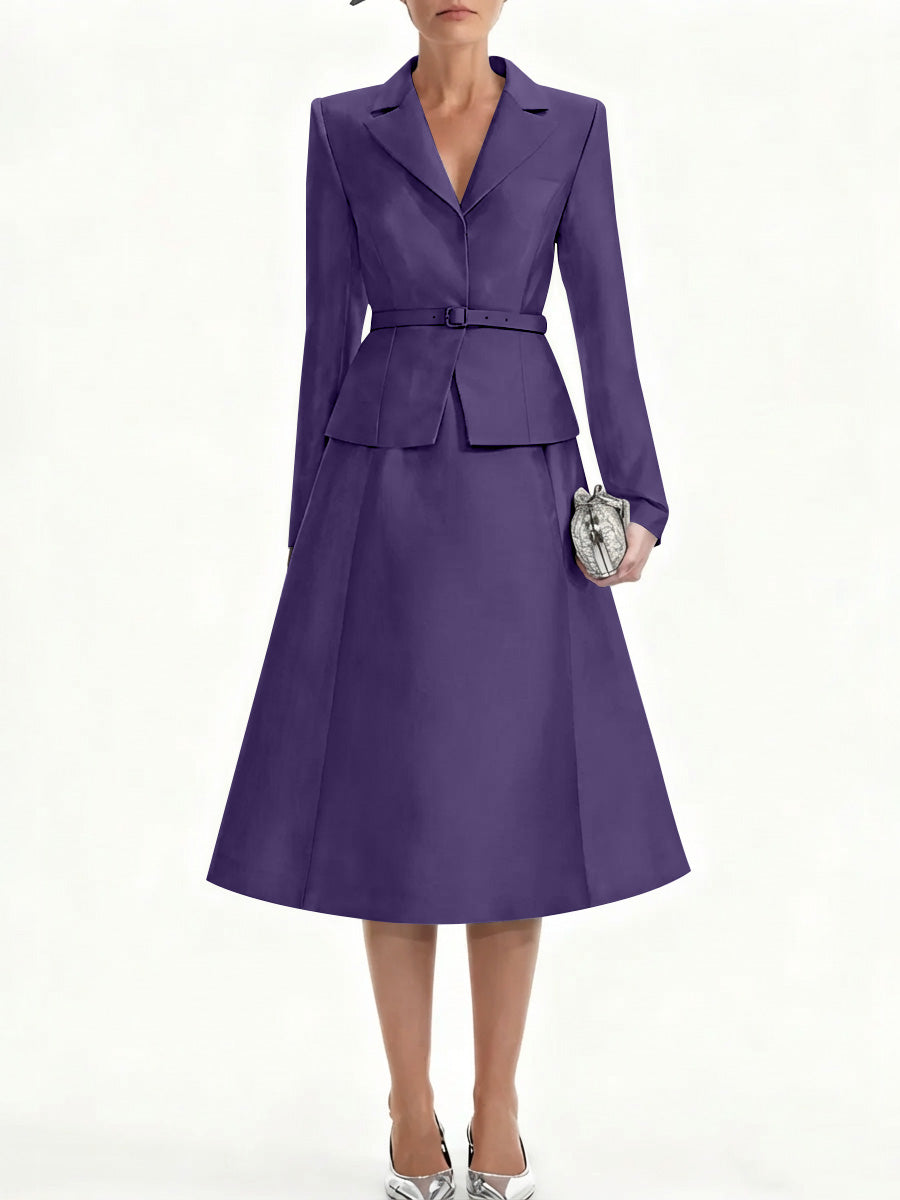 A Line Princess V Neck Mother Of Bride Dresss Blazer Long Sleeves Tea Length Belt Satin