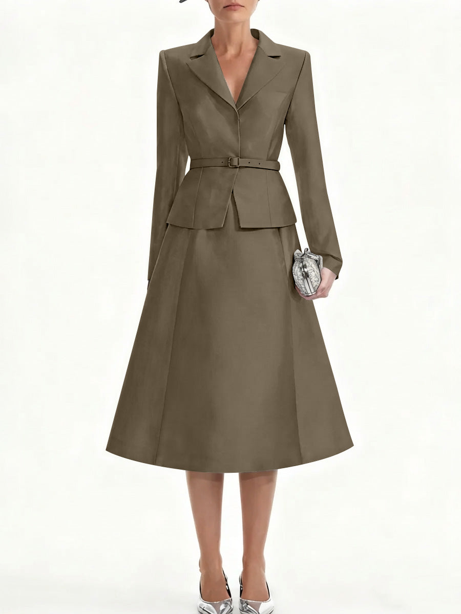A Line Princess V Neck Mother Of Bride Dresss Blazer Long Sleeves Tea Length Belt Satin