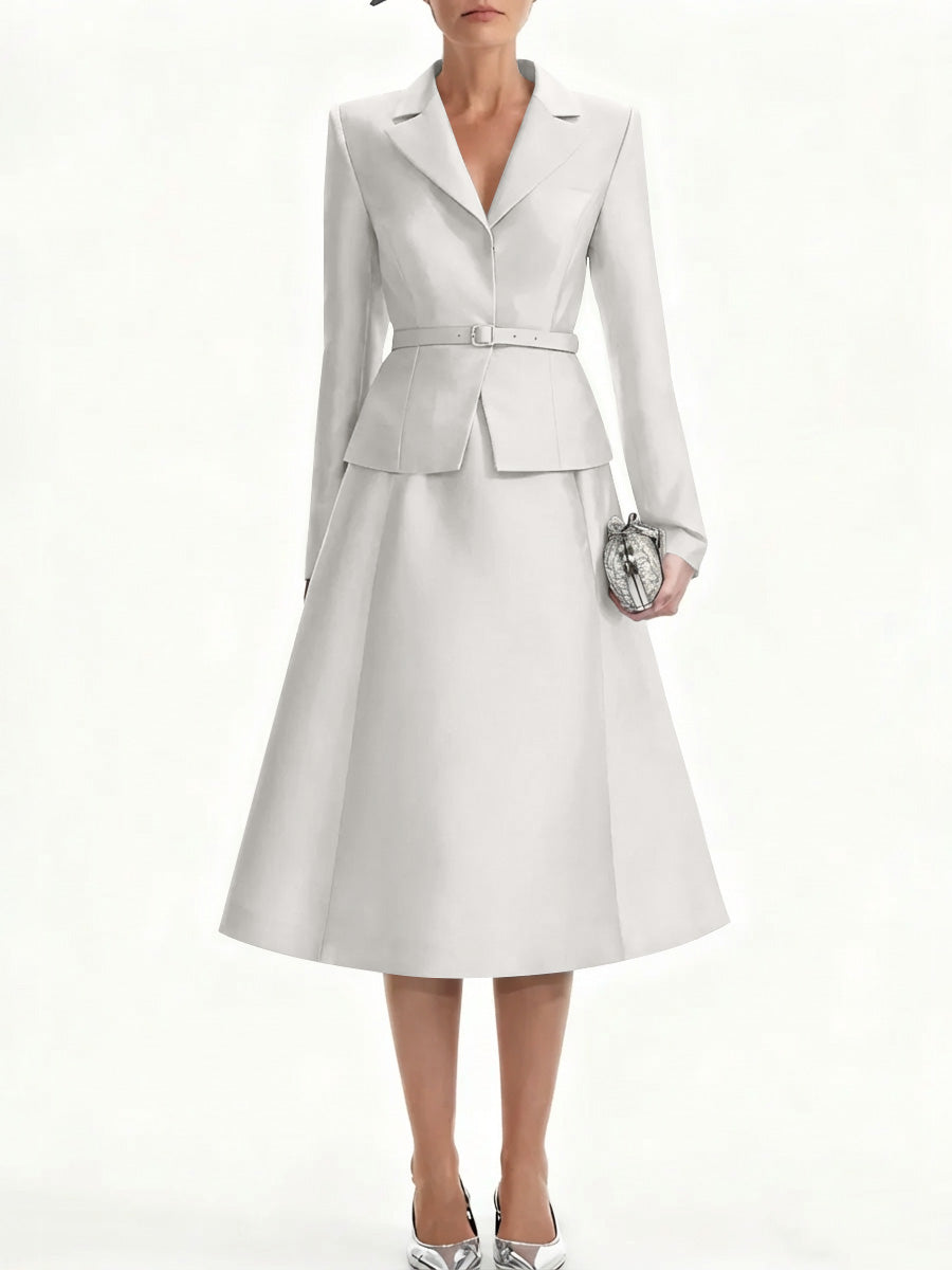 A Line Princess V Neck Mother Of Bride Dresss Blazer Long Sleeves Tea Length Belt Satin