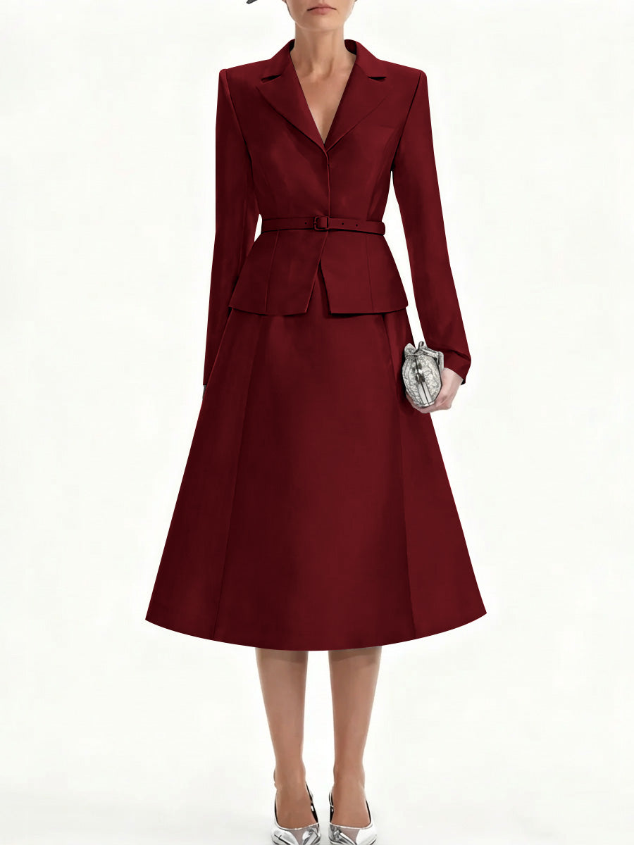 A Line Princess V Neck Mother Of Bride Dresss Blazer Long Sleeves Tea Length Belt Satin