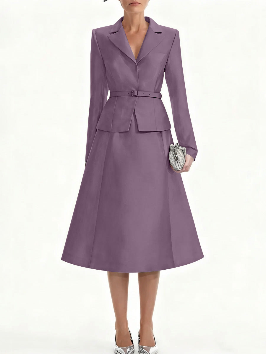 A Line Princess V Neck Mother Of Bride Dresss Blazer Long Sleeves Tea Length Belt Satin