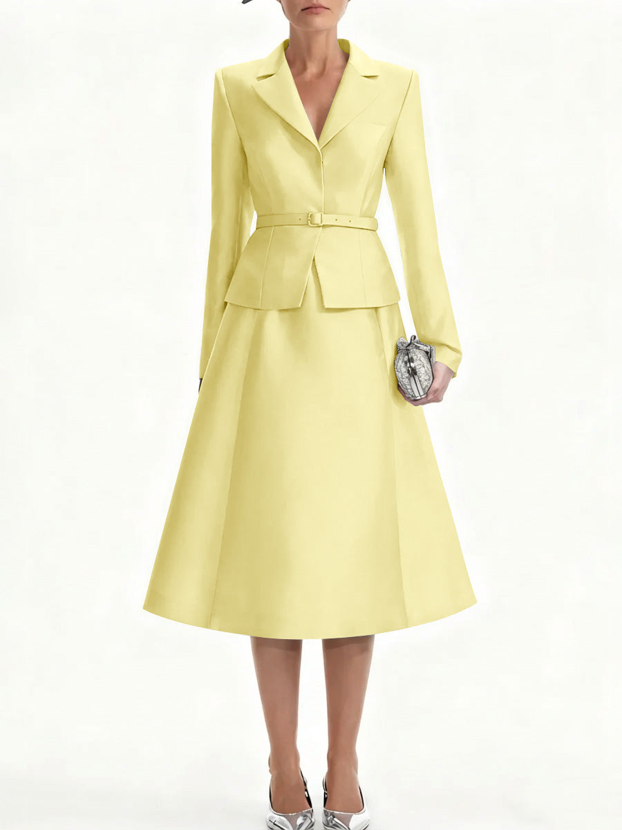 A Line Princess V Neck Mother Of Bride Dresss Blazer Long Sleeves Tea Length Belt Satin