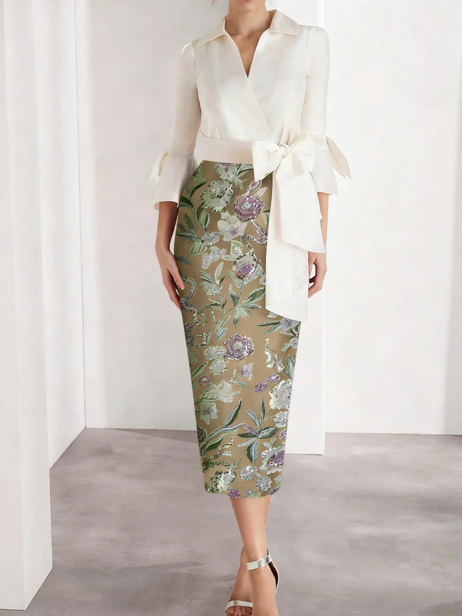 Sheath Column V Neck Satin Mother Of The Bride Dresses 3 4 Sleeves Shirt Collar Floral Tea Length Cocktail Dresses