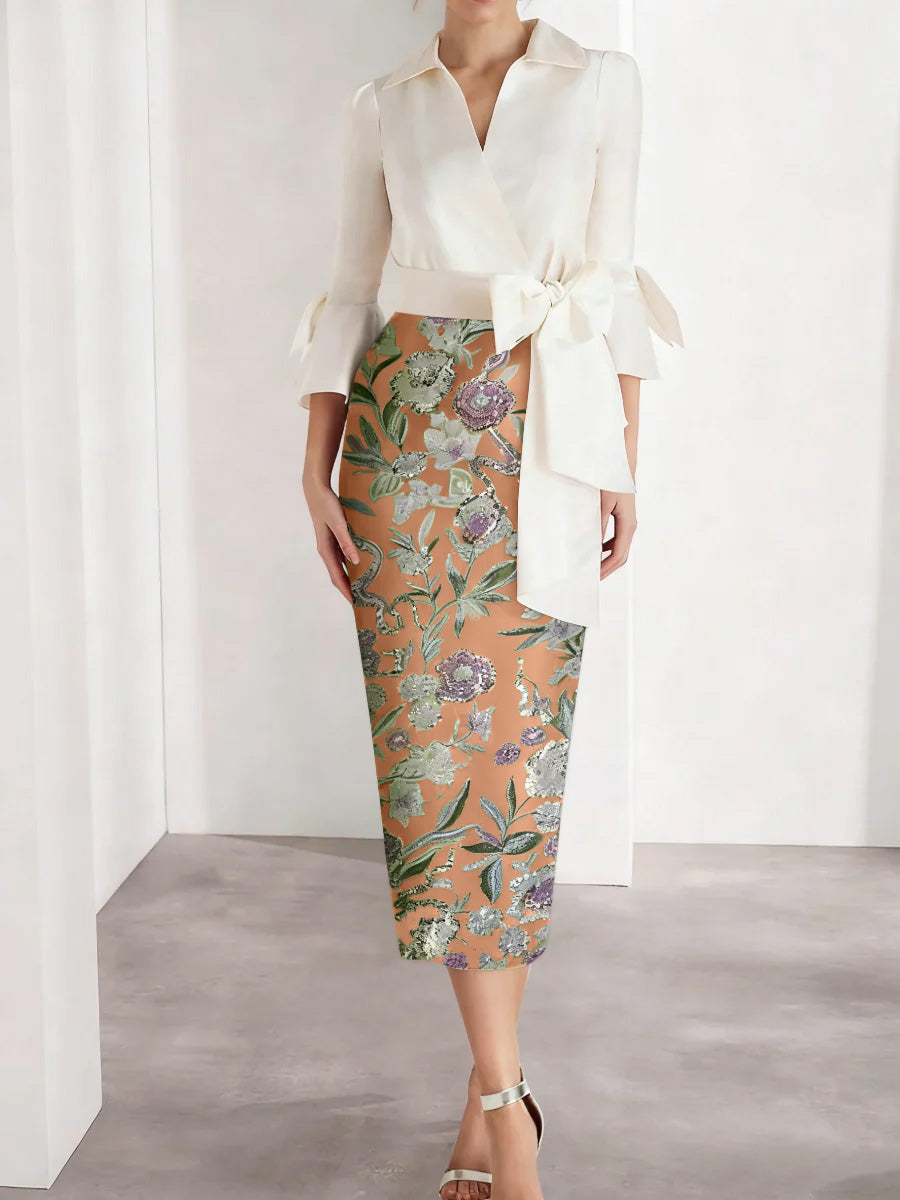 Sheath Column V Neck Satin Mother Of The Bride Dresses 3 4 Sleeves Shirt Collar Floral Tea Length Cocktail Dresses