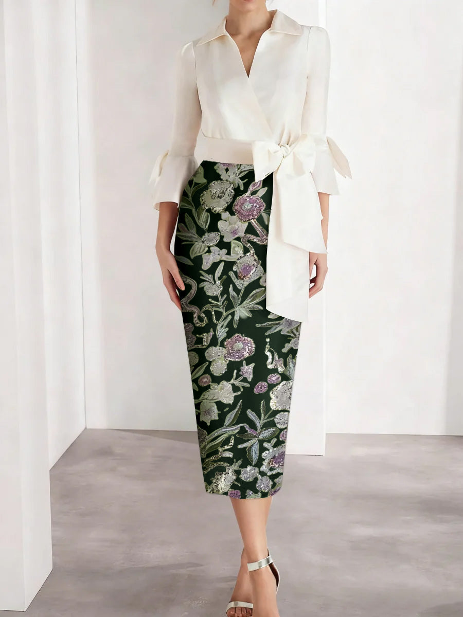 Sheath Column V Neck Satin Mother Of The Bride Dresses 3 4 Sleeves Shirt Collar Floral Tea Length Cocktail Dresses