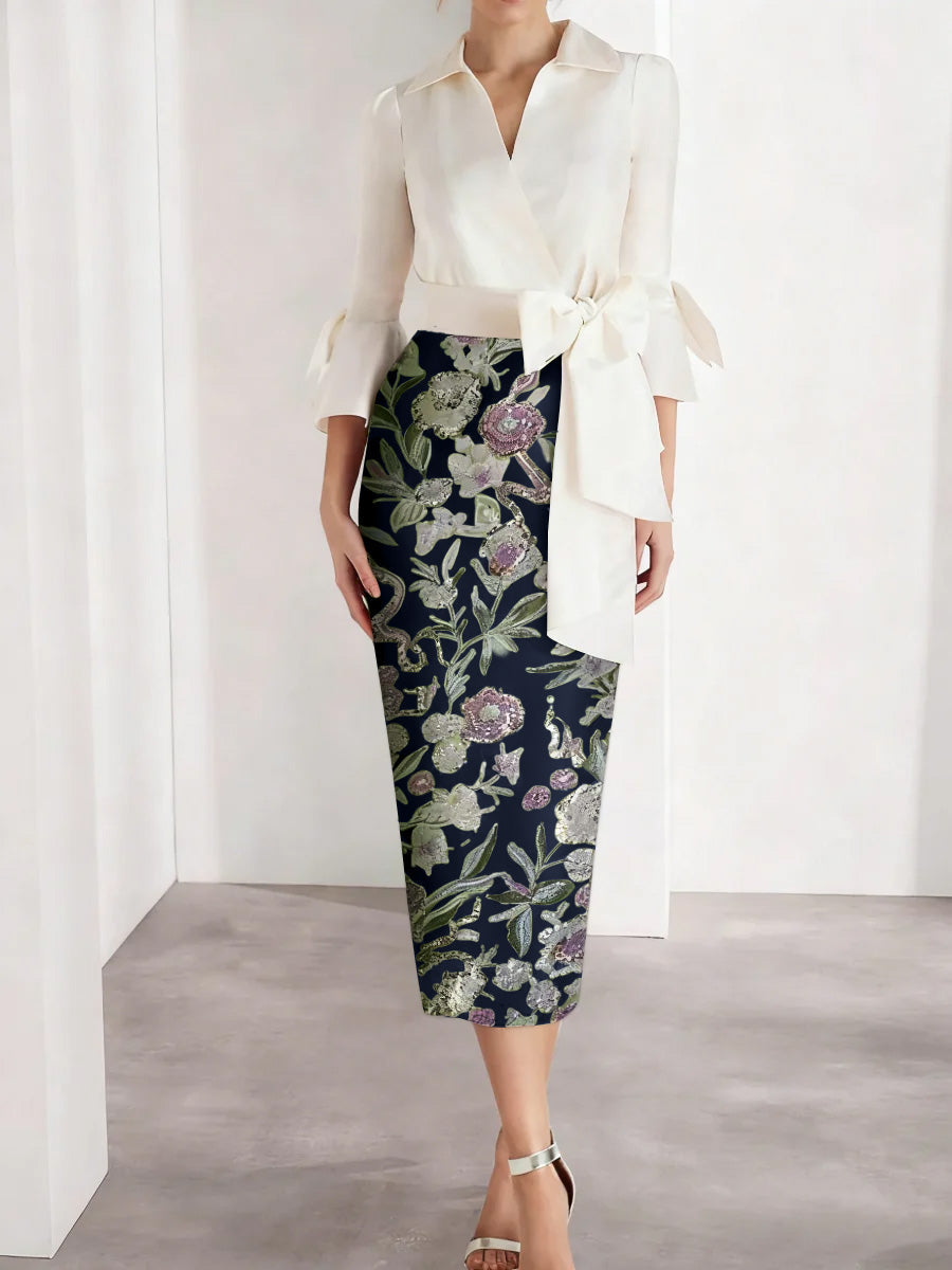 Sheath Column V Neck Satin Mother Of The Bride Dresses 3 4 Sleeves Shirt Collar Floral Tea Length Cocktail Dresses