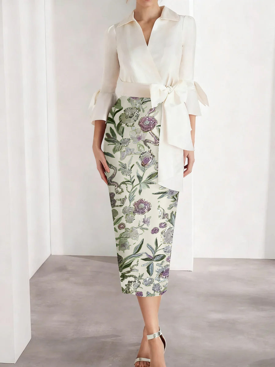 Sheath Column V Neck Satin Mother Of The Bride Dresses 3 4 Sleeves Shirt Collar Floral Tea Length Cocktail Dresses