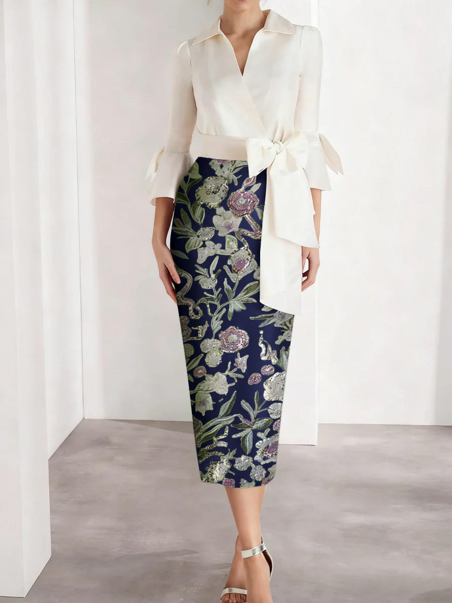 Sheath Column V Neck Satin Mother Of The Bride Dresses 3 4 Sleeves Shirt Collar Floral Tea Length Cocktail Dresses