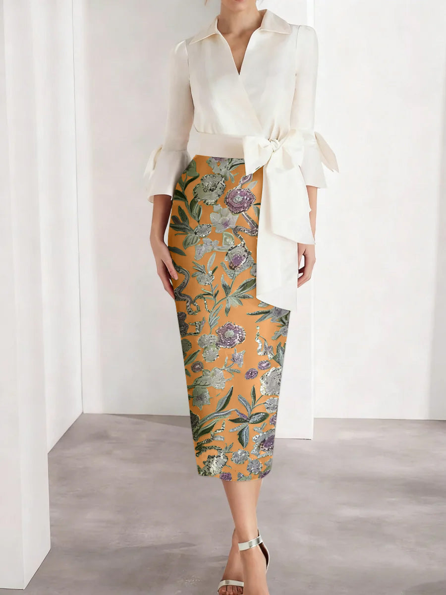 Sheath Column V Neck Satin Mother Of The Bride Dresses 3 4 Sleeves Shirt Collar Floral Tea Length Cocktail Dresses