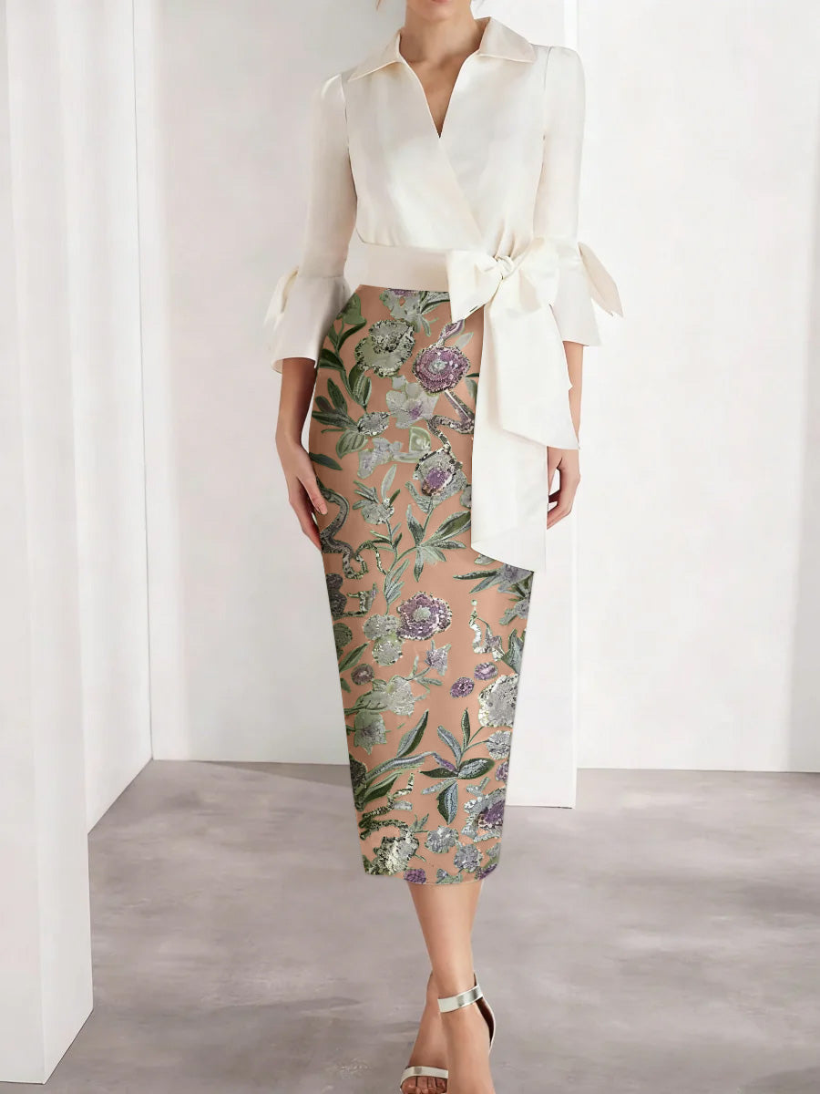 Sheath Column V Neck Satin Mother Of The Bride Dresses 3 4 Sleeves Shirt Collar Floral Tea Length Cocktail Dresses