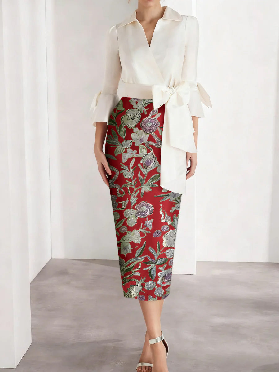 Sheath Column V Neck Satin Mother Of The Bride Dresses 3 4 Sleeves Shirt Collar Floral Tea Length Cocktail Dresses
