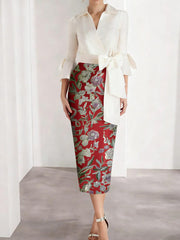 Sheath Column V Neck Satin Mother Of The Bride Dresses 3 4 Sleeves Shirt Collar Floral Tea Length Cocktail Dresses